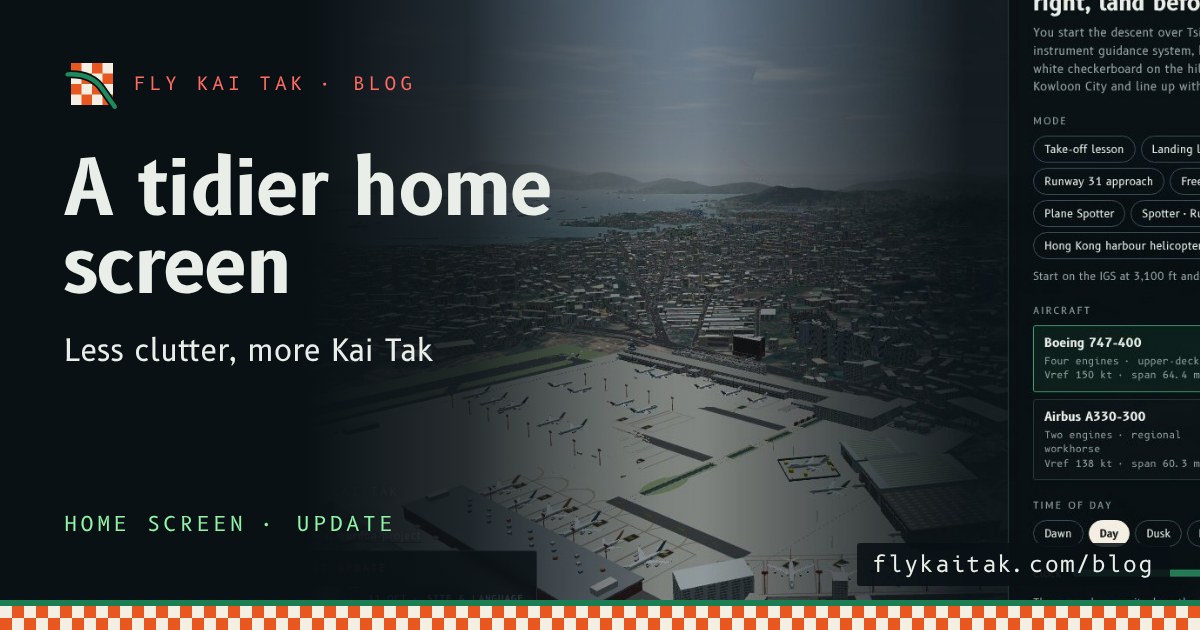The tidied Fly Kai Tak home screen: the live view of Kai Tak on the left with the 啟德機場 name and one Latest update card, and the flight menu on the right.