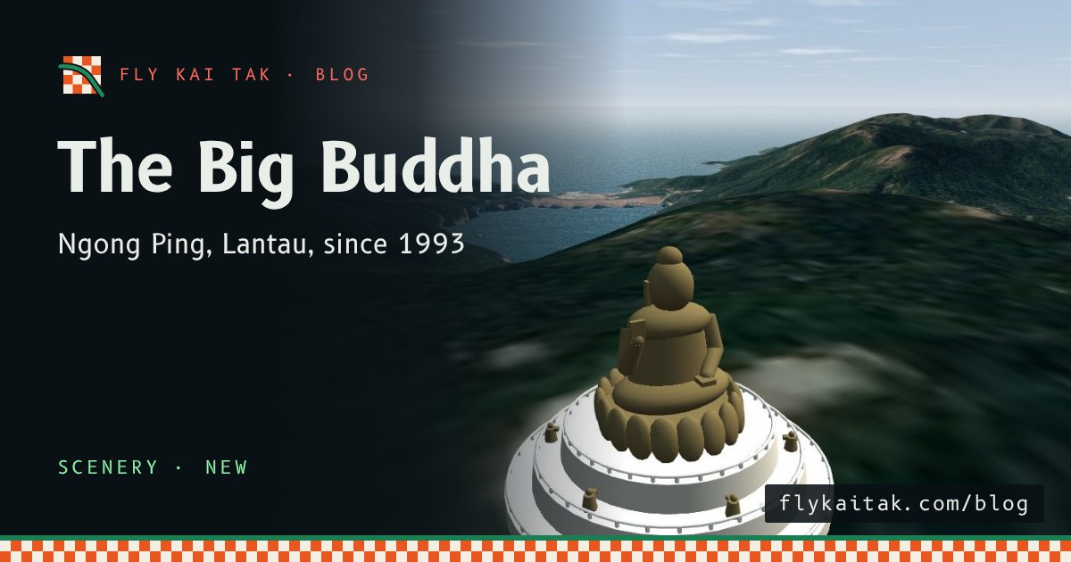 A seated bronze Buddha on a lotus throne atop a white three-tier round altar on a green hilltop, with a long flight of steps leading down.