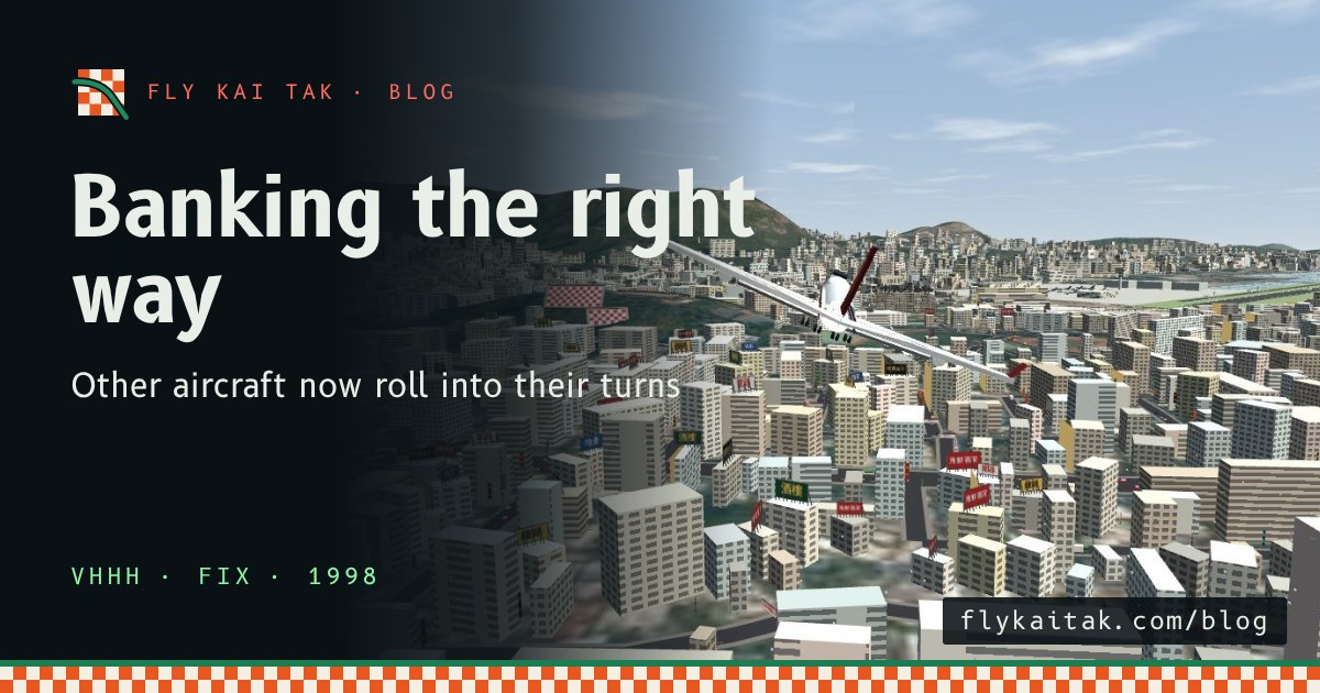 A 747 seen from behind in a right turn over Kowloon City, with its right wing lower than the left.