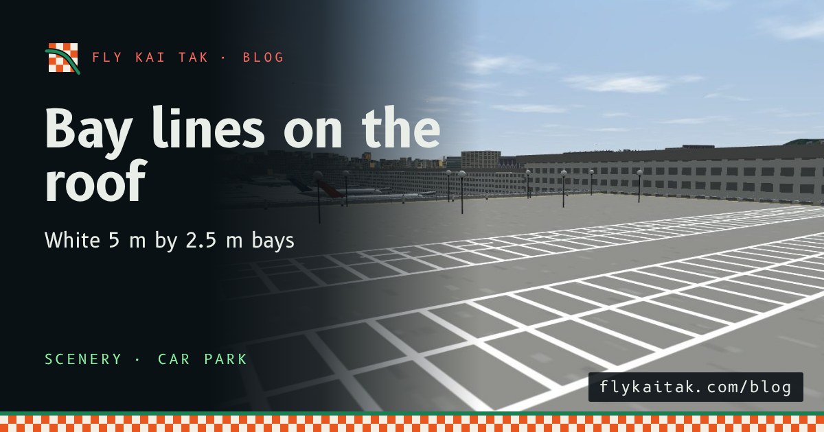 White parking bay lines in rows across the car park roof, with globe lamps and the apron beyond.
