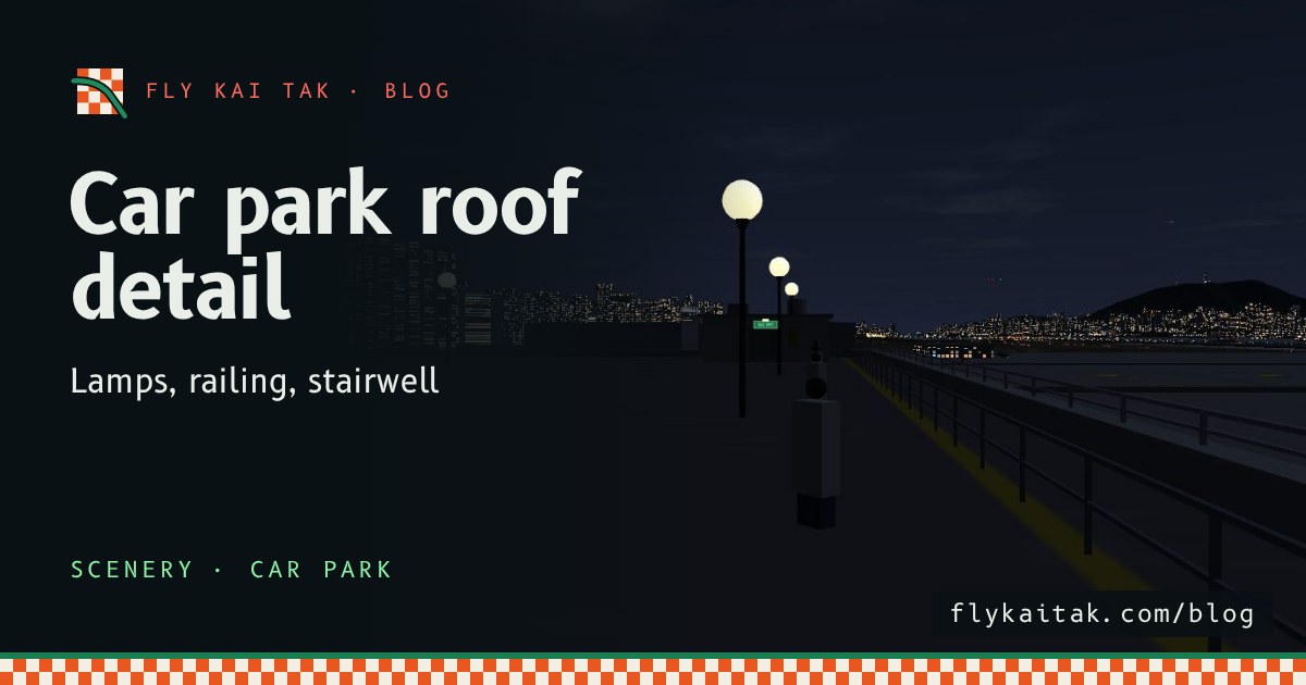The car park roof at night with glowing white globe lamps and a pipe railing along the parapet.