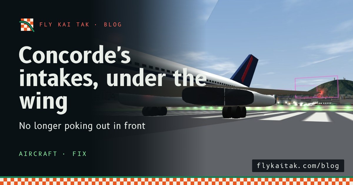 Low side view of Concorde on the runway with the engine intakes tucked under the leading edge of the wing.