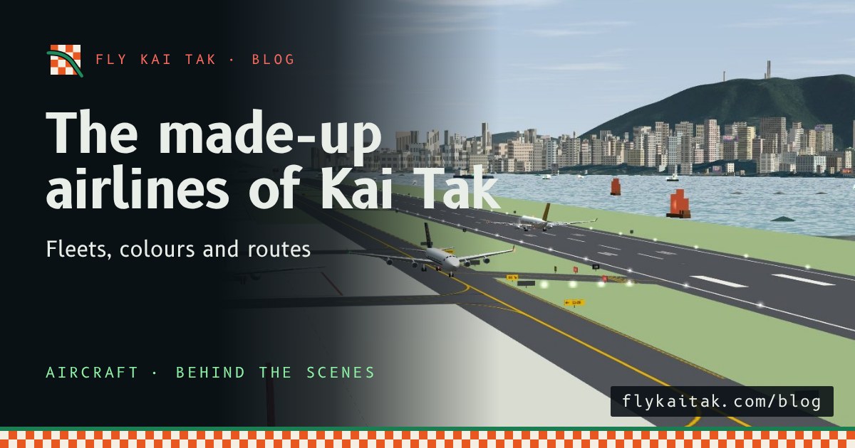 Jets on the apron and taxiway at Kai Tak with red and gold tails, and the Hong Kong skyline beyond.