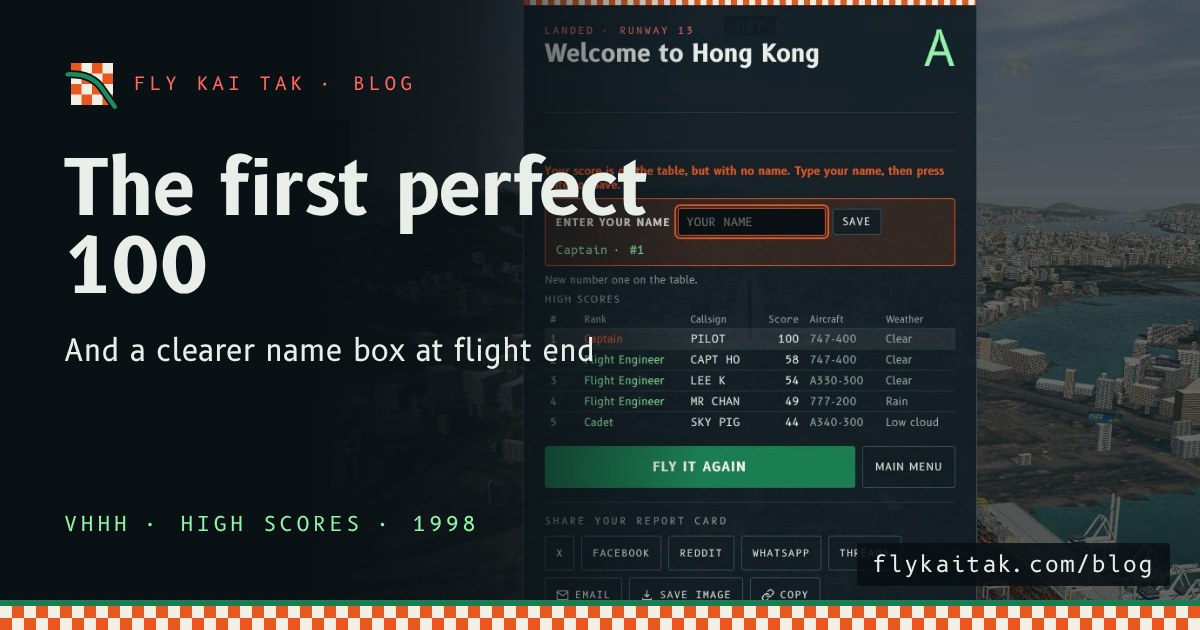 The result screen for a score of 100 with a highlighted Enter your name box and a Save button, above a high score table with PILOT at number one.