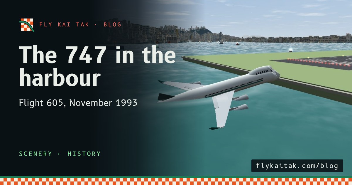 A 747 with its nose against the seawall at the end of the Kai Tak runway and its body sloping down into Victoria Harbour, the tail under the water and the fin gone.