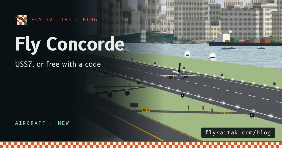 Concorde on final approach to Runway 13 seen from behind, lined up on the centreline over the harbour.