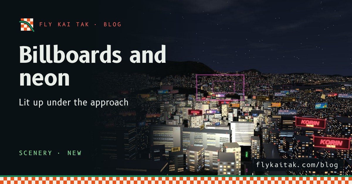 Night view down the IGS approach over Kowloon with floodlit billboards and red and magenta neon signs on the rooftops.