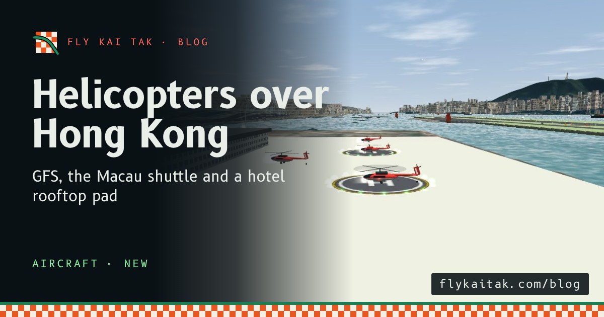 Red helicopters on the two helipads of the Kai Tak south apron, beside the flight services building.
