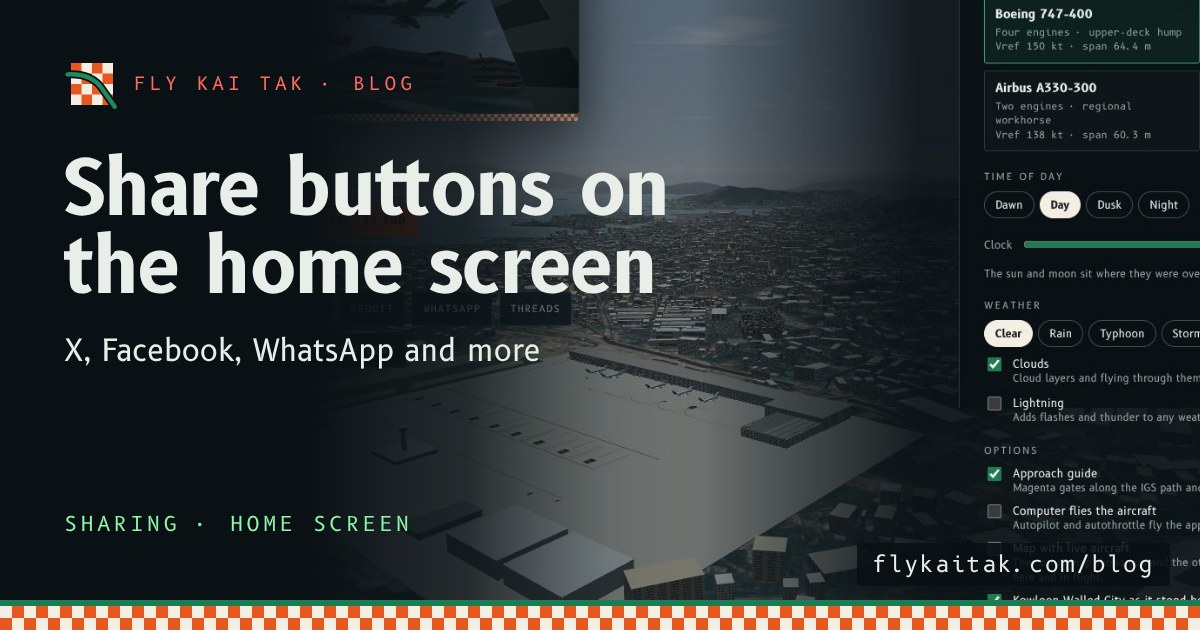 The Fly Kai Tak home screen with a row of share buttons under the demo reel and the Buy me a coffee button.