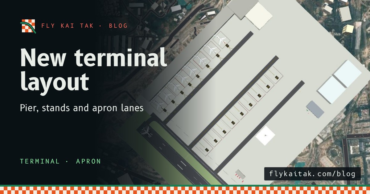 Top-down view of the Kai Tak apron with the terminal pier, eight nose-in stands and three apron lanes.