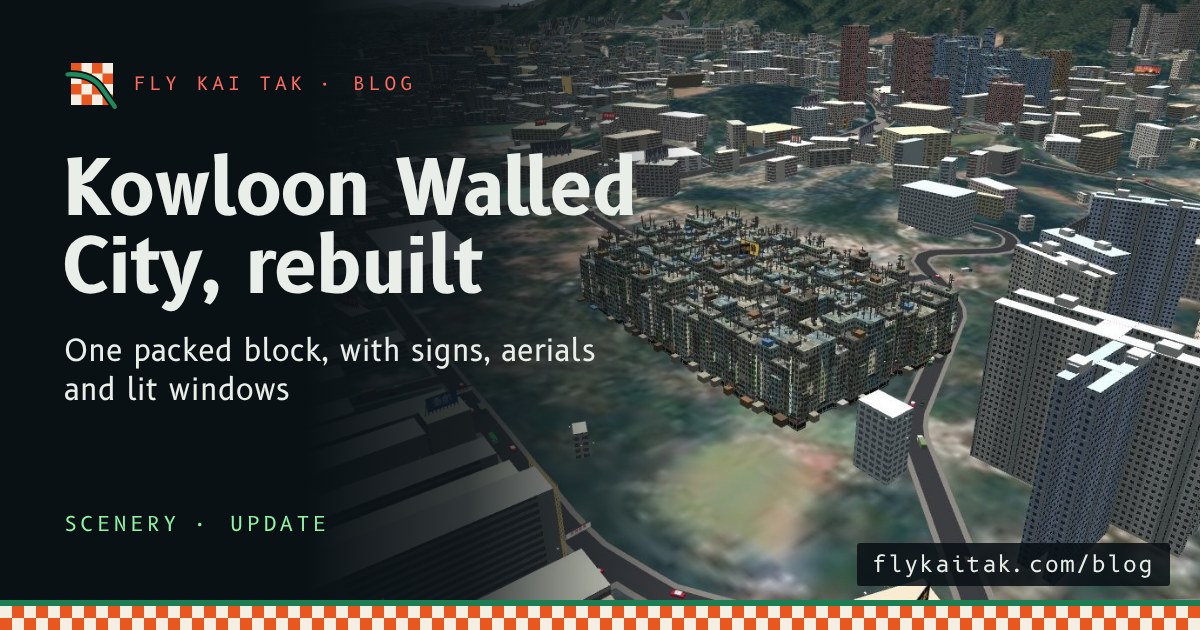 Kowloon Walled City from above: a dense block of grey and green buildings with a ragged roofline, surrounded by roads and taller apartment towers.
