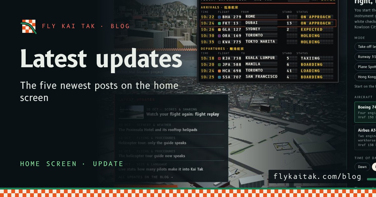The Fly Kai Tak home screen with the Latest updates panel listing the five newest blog posts under the demo reel.