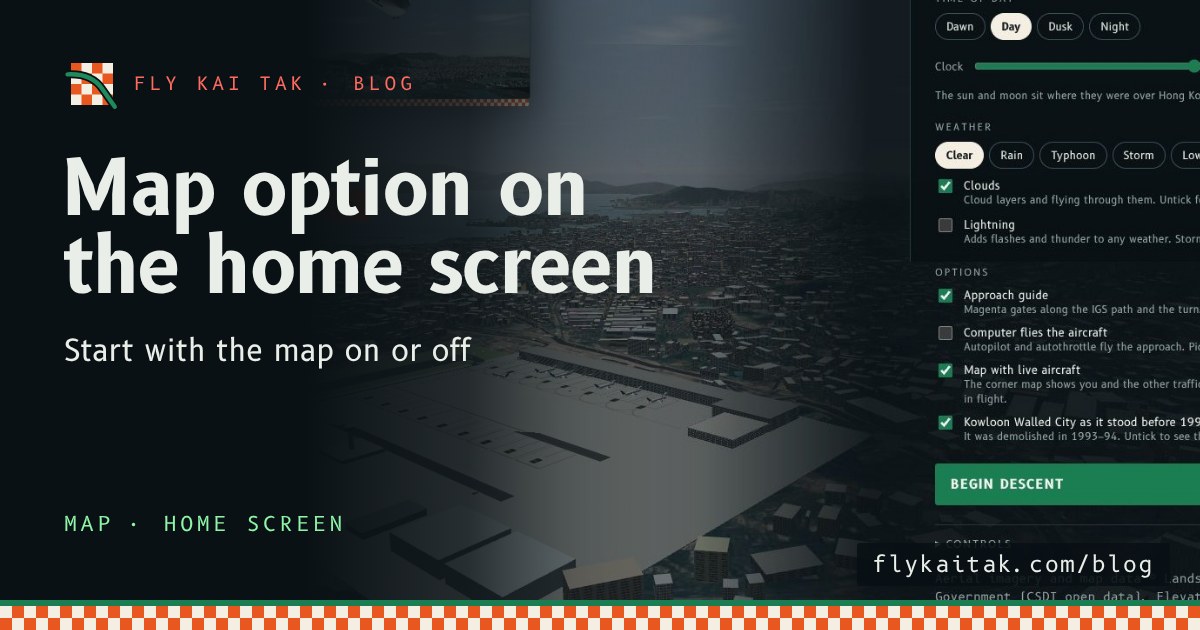 The home screen options with the new Map with live aircraft tick box under Computer flies the aircraft.