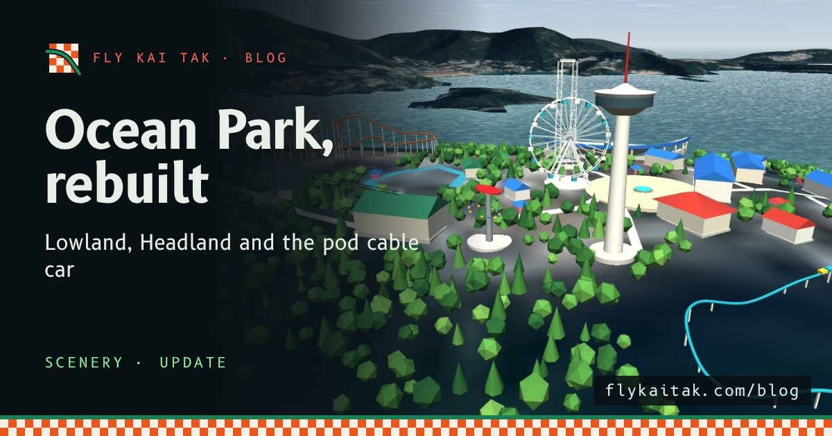 Aerial view of the Ocean Park headland from the sea: a tower, a Ferris wheel, a drop tower, blue-roofed halls, a fan-shaped theatre and a looping roller coaster.