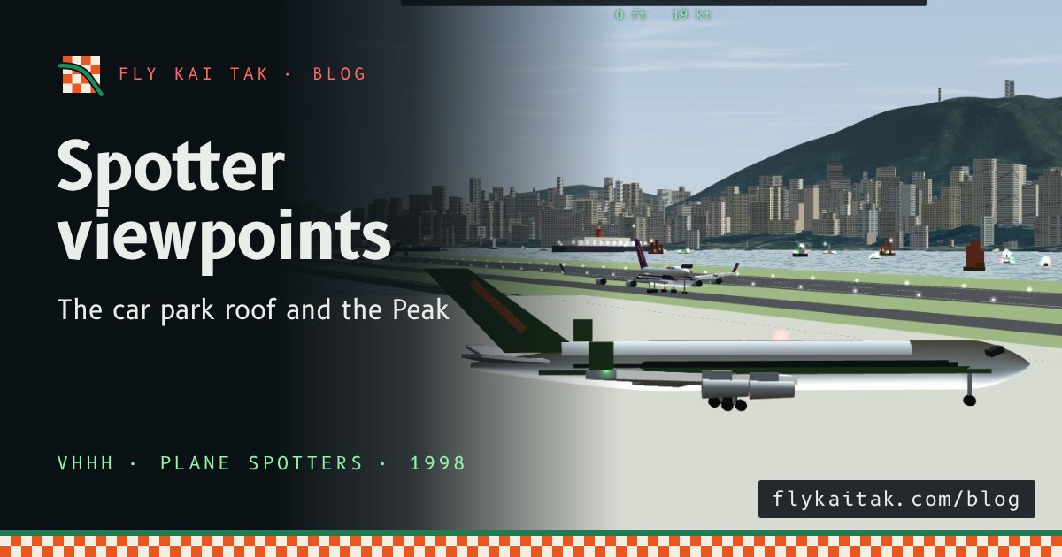 The view from the Kai Tak car park roof: a jet on the apron, Runway 13 running out into the harbour and the skyline across the water.