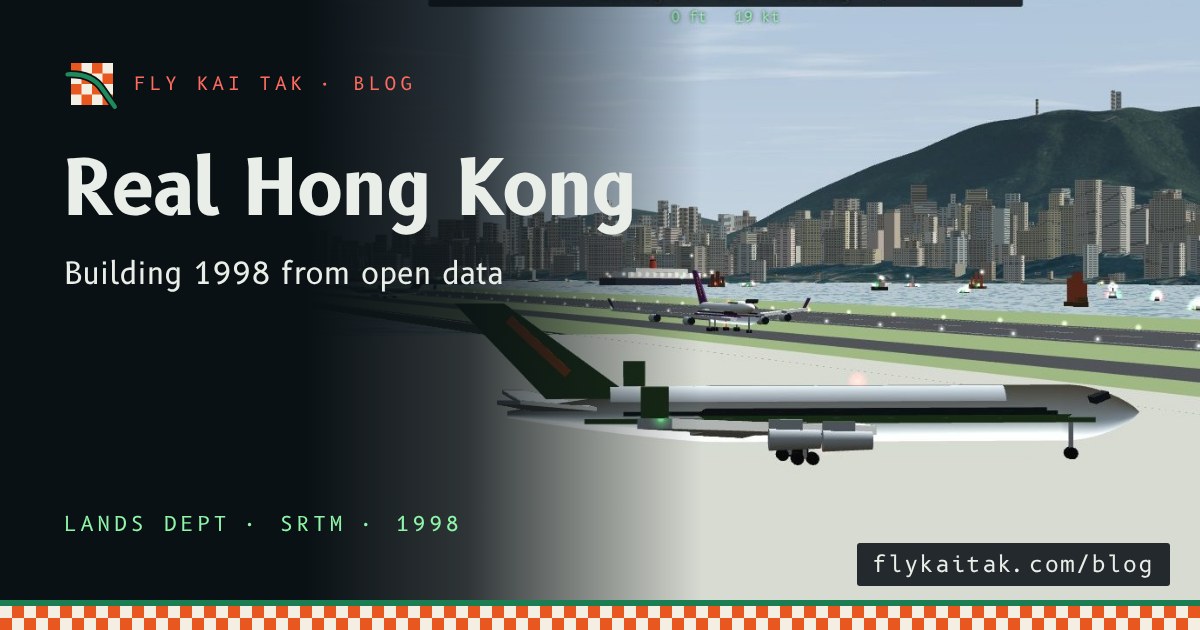 A 747 on the apron at Kai Tak with the runway running out into Victoria Harbour and the Hong Kong skyline behind.