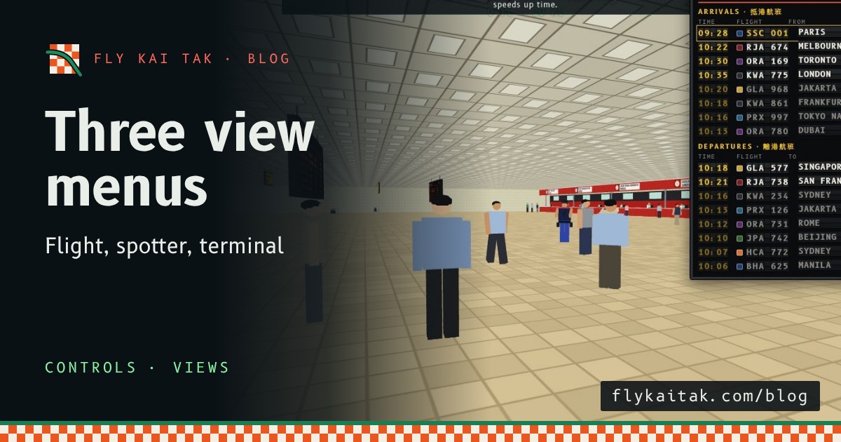 The top bar with three view menus while the camera stands in the departures hall.