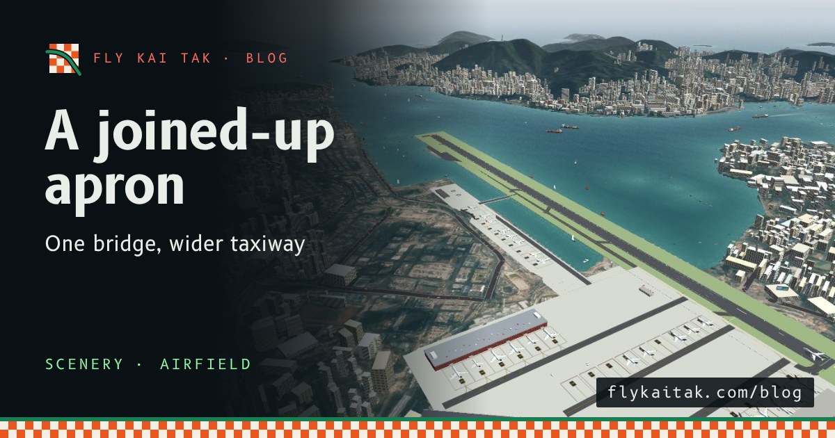 Kai Tak from above: the main apron running on into the south apron, with the inlet beside the runway.