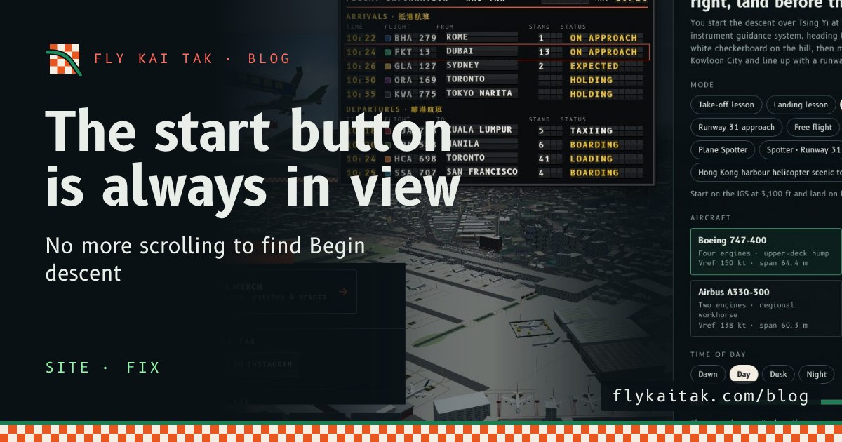 The Fly Kai Tak home screen with a large green Begin descent button pinned to the bottom of the menu panel.