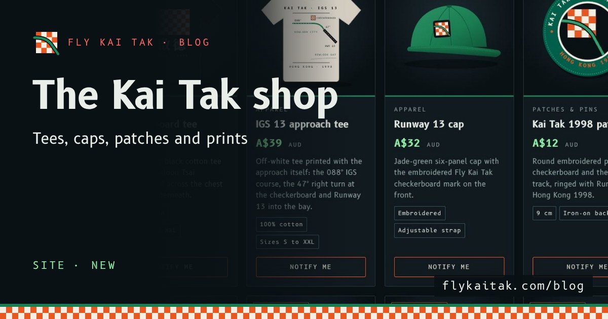 The Fly Kai Tak shop page, titled The Kai Tak shop, with 啟德 in large characters and the first products below.