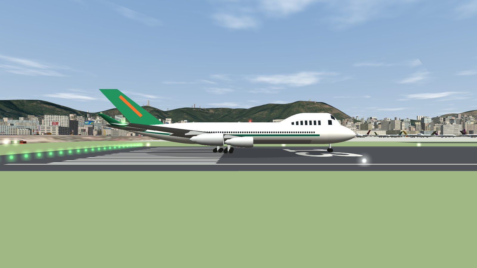Side view of a 747-400 on the runway with a tall, short upper-deck hump.