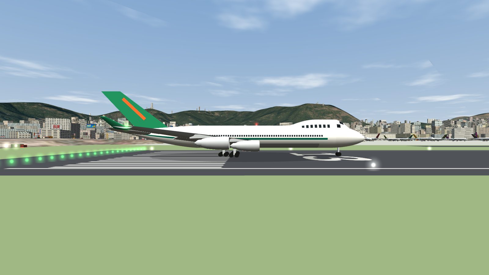 Side view of a 747-400 on the runway with a low upper-deck hump sloping gently back into the roof.