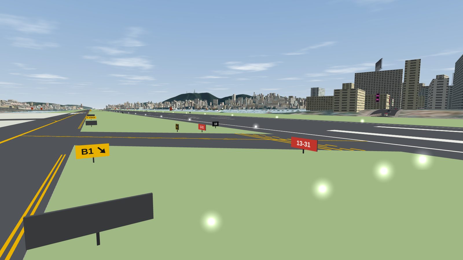 Link taxiway B1 meeting the runway, with a red 13-31 holding sign, a yellow B1 direction sign and yellow lines across the taxiway.
