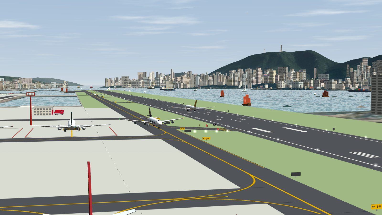 Jets on the apron and taxiway at Kai Tak with red and gold tails, and the Hong Kong skyline beyond.