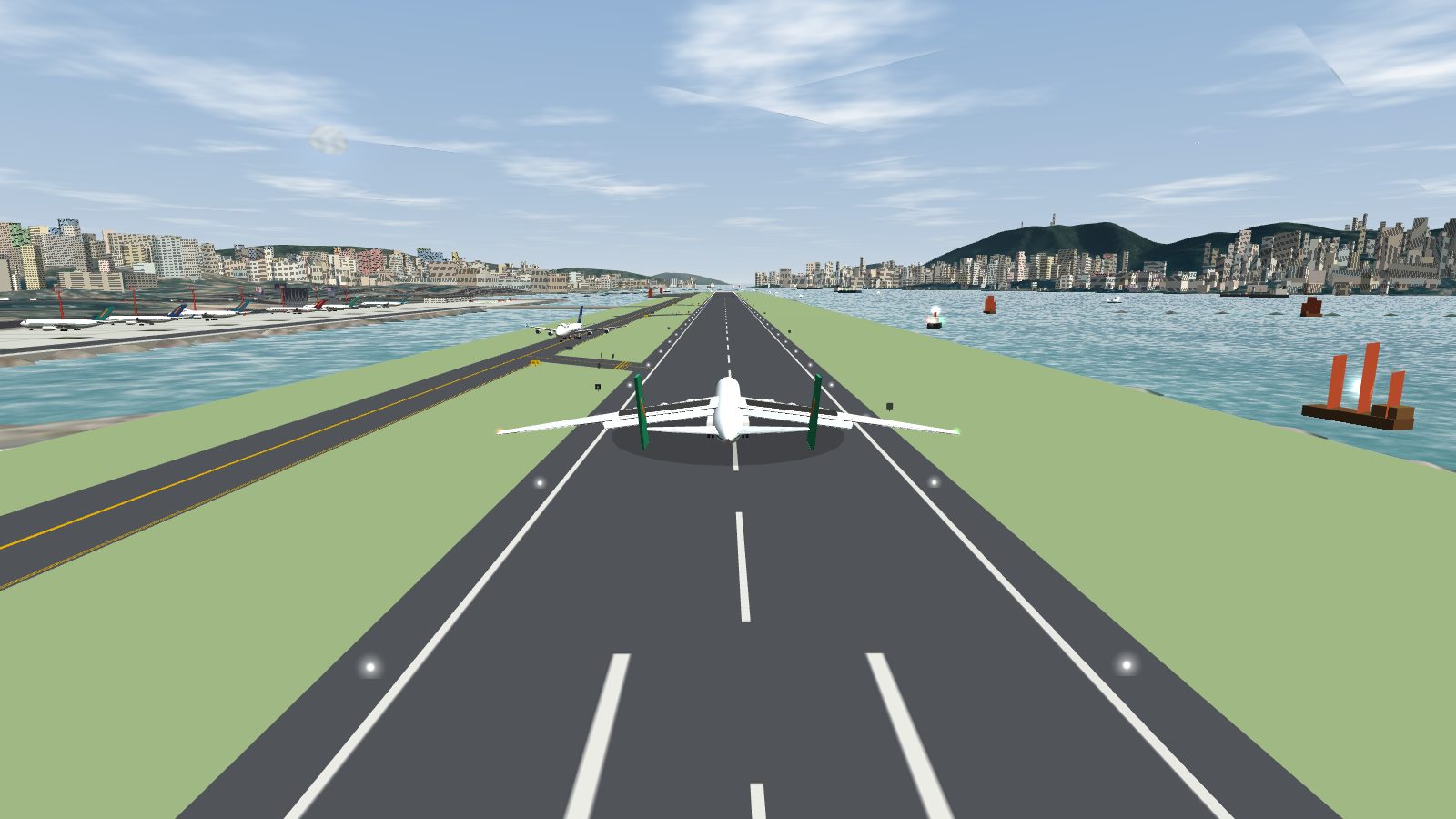 The An-225 seen from behind on short final to Runway 13, its wings spanning most of the runway width.