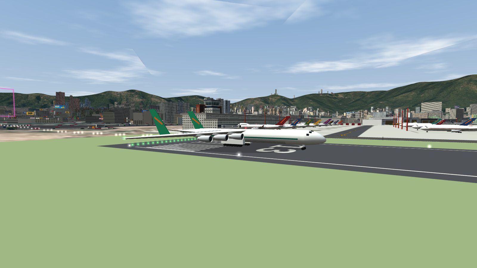 The six-engine An-225 on the threshold of Runway 13, with its twin fins and long swept wing over the grass beside the runway.