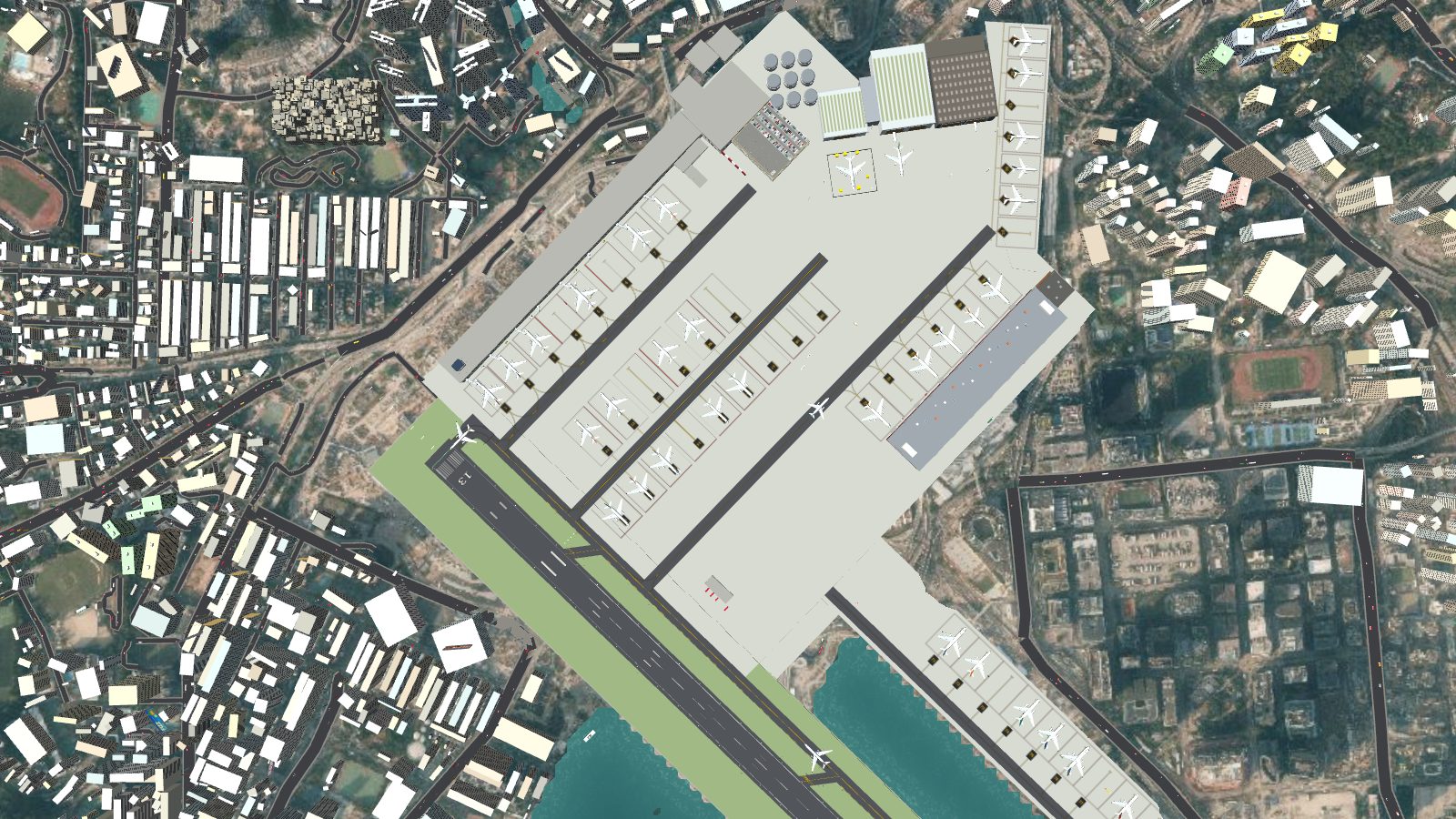 Top-down view of the Kai Tak apron: the pier stands, two new rows of stands either side of lane D2, the cargo terminal and the new east apron past the hangars.
