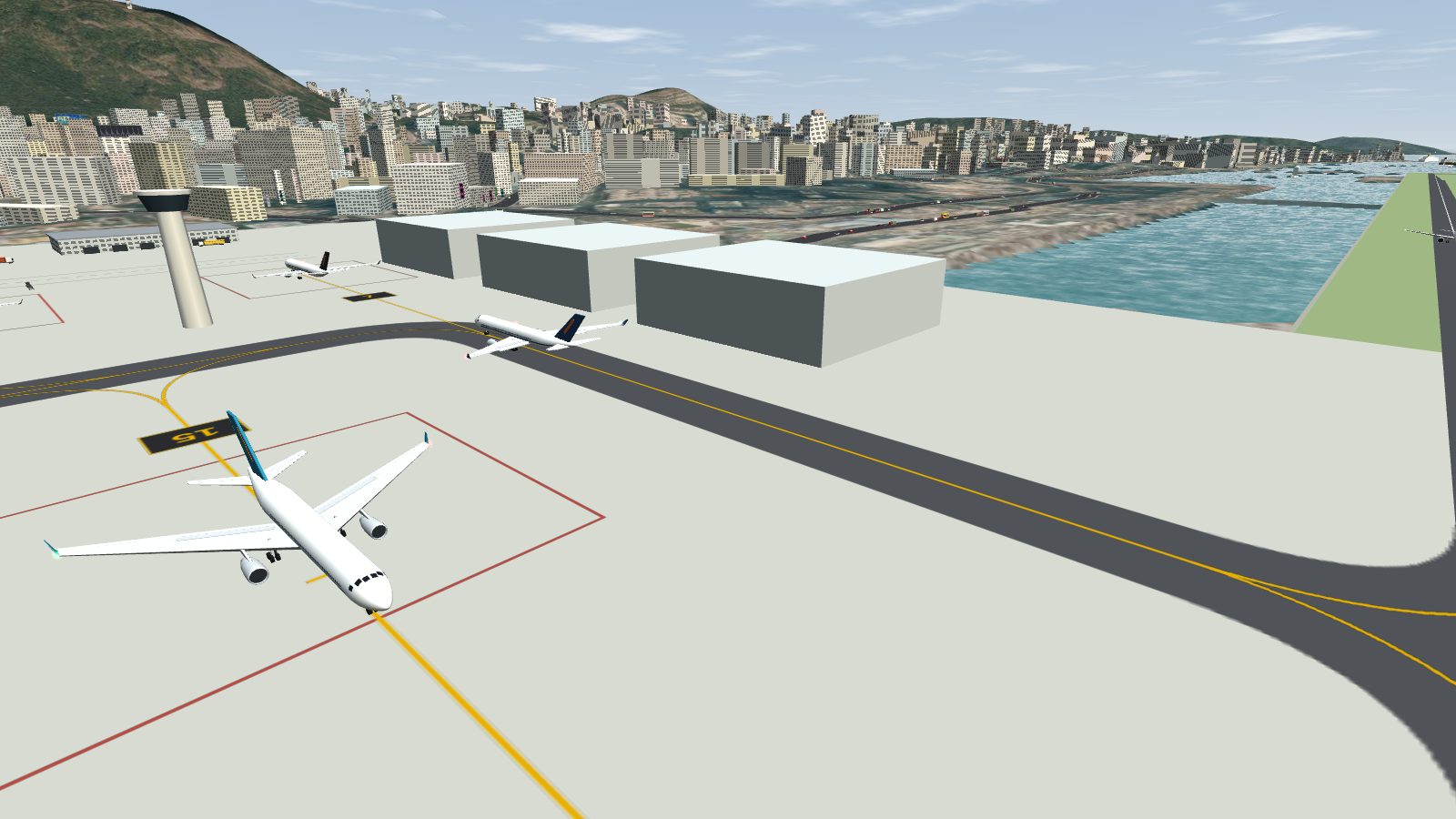 An aircraft taxiing along the yellow line of the east link, with another parked on stand 15.
