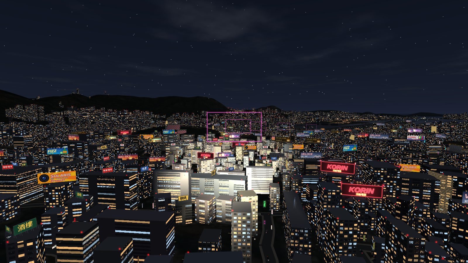 Low night view over Kowloon rooftops with glowing red KORIN neon signs and lit ads for film, soft drink and a car.