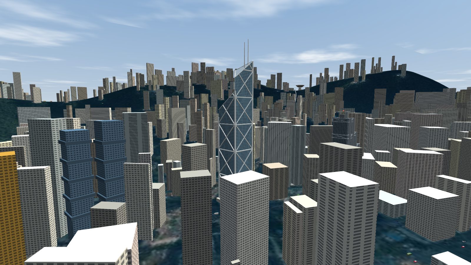 The Bank of China Tower in daylight: four triangular prisms stepping up, white X-bracing on each face and two masts on top.