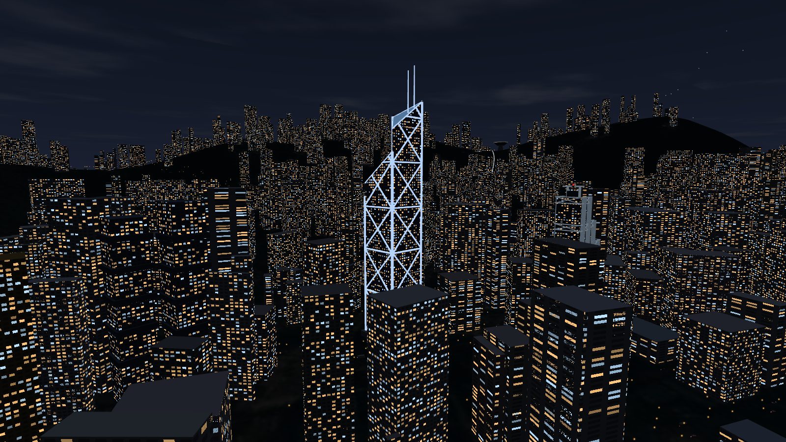 The Bank of China Tower at night, its X-bracing and roof edges lit as white-blue lines.