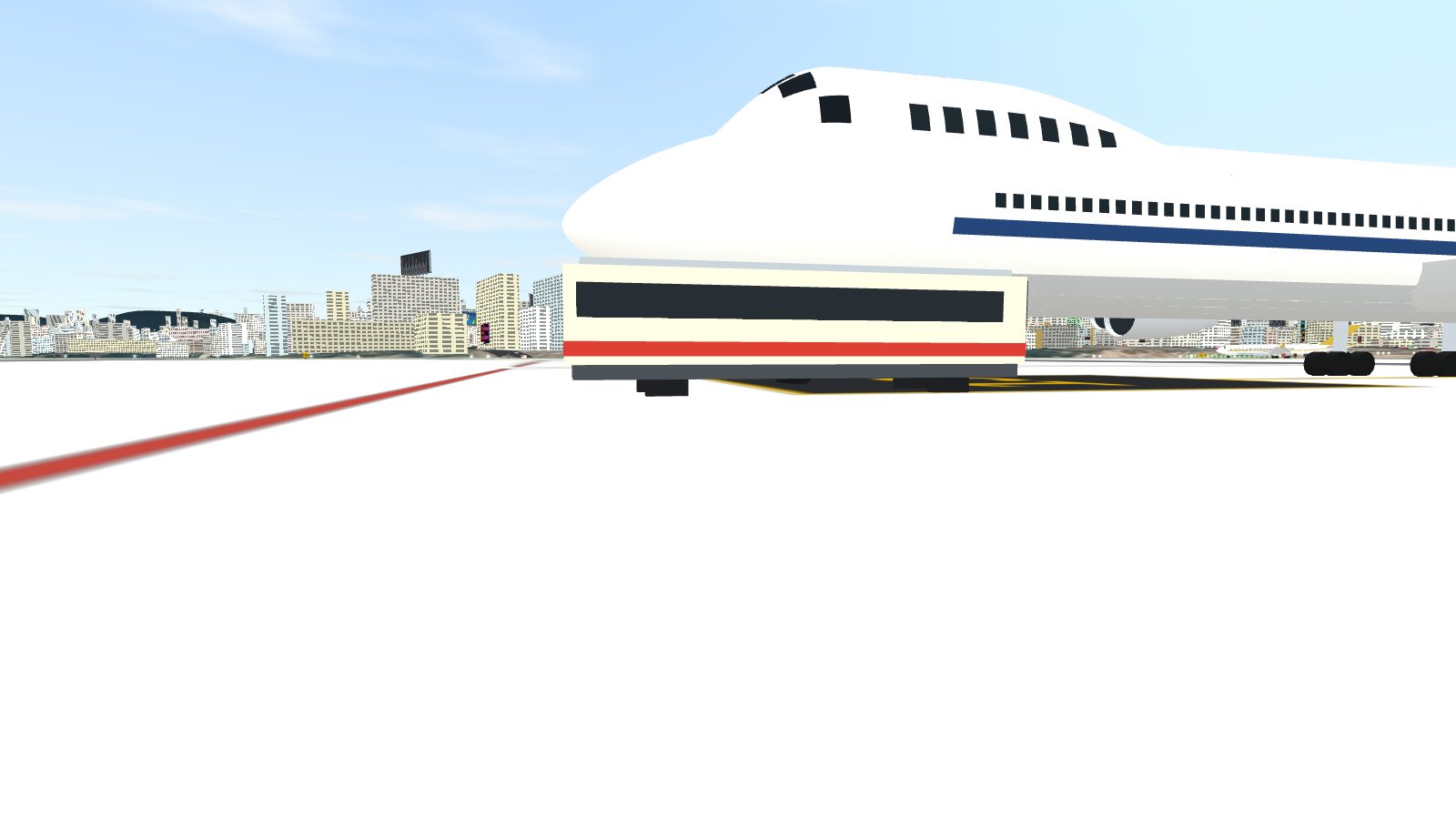 An apron bus stopped at the forward left door of a parked 747.