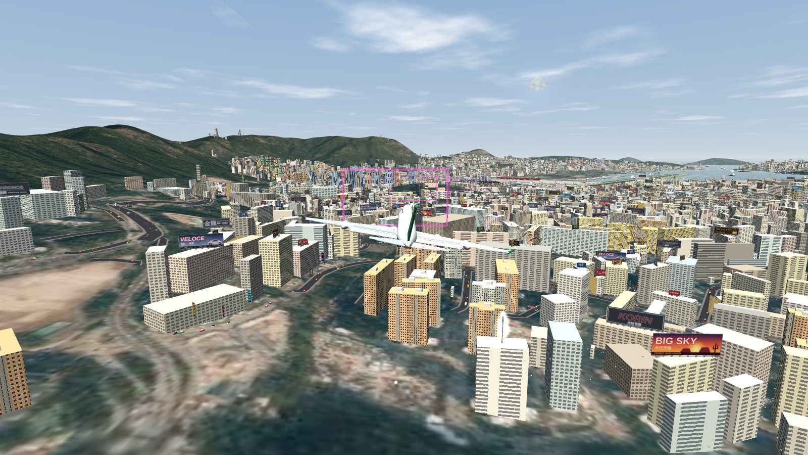A 747 entering the right turn over Kowloon, with the runway and harbour ahead to the right.