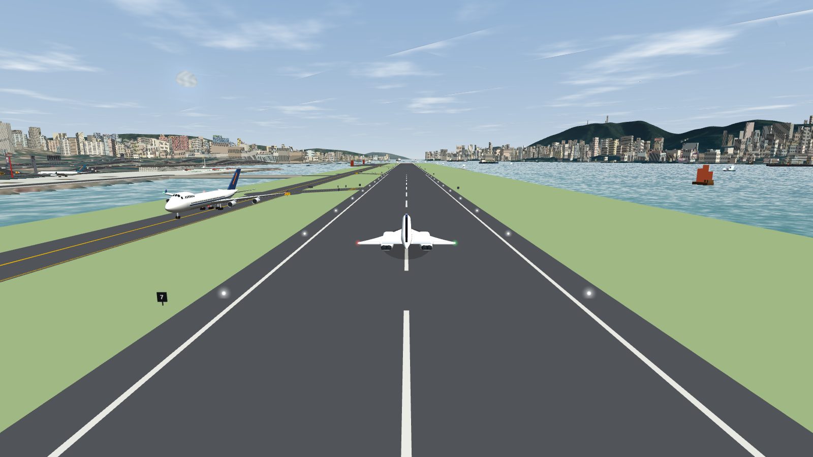 Concorde on final approach to Runway 13 seen from behind, lined up on the centreline over the harbour.