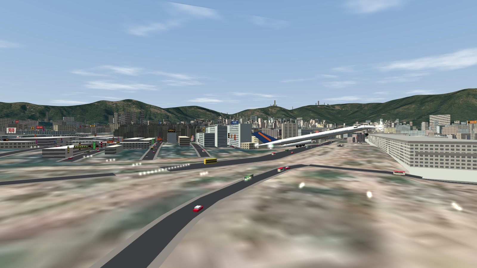 The delta-wing jet landing nose-high with its gear down over Kowloon City and the runway ahead.