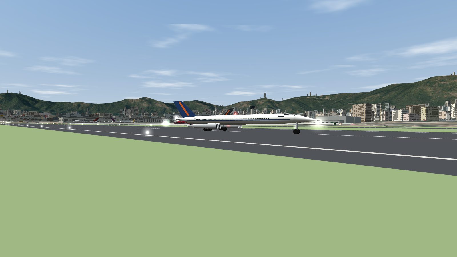 The delta-wing jet rolling down Runway 13 with its nose gear still on the ground.