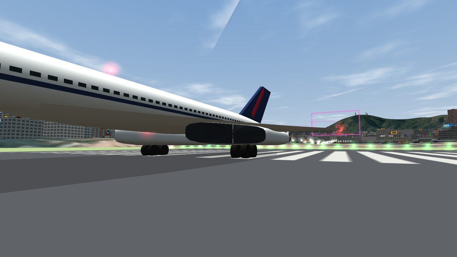 Low side view of the delta-wing jet on the runway with its engine intakes tucked under the leading edge of the wing.