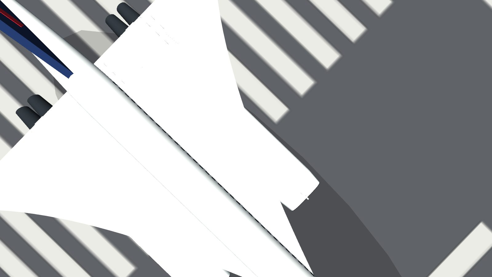 Concorde seen from above with the front corners of the engine nacelles sticking out ahead of the wing leading edge.