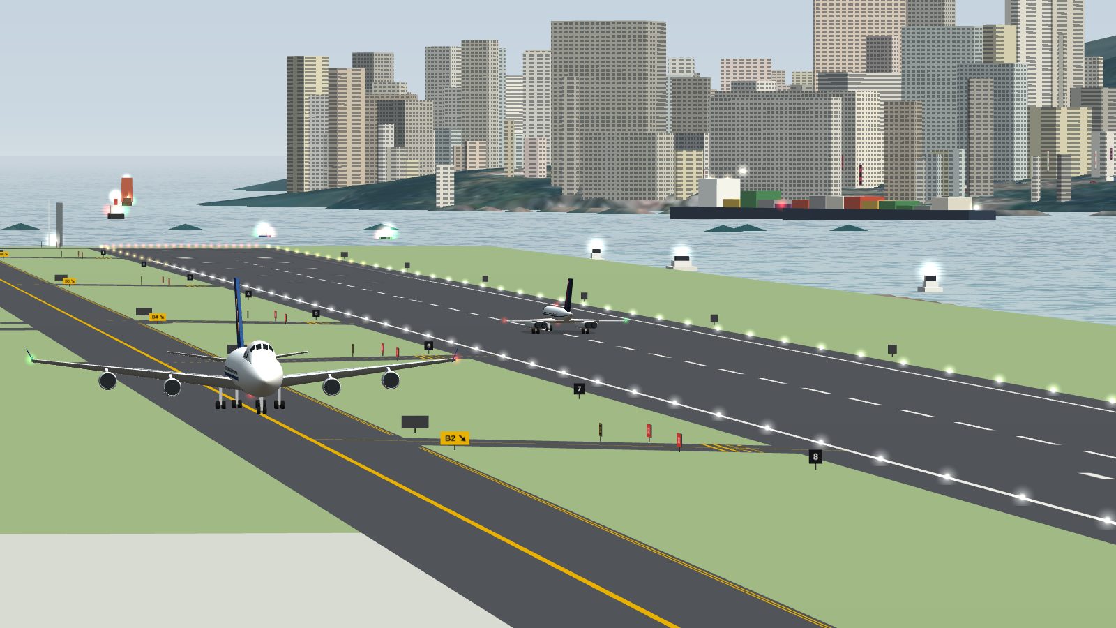 Concorde on the runway seen from the control tower, with a 747 taxiing in the foreground.