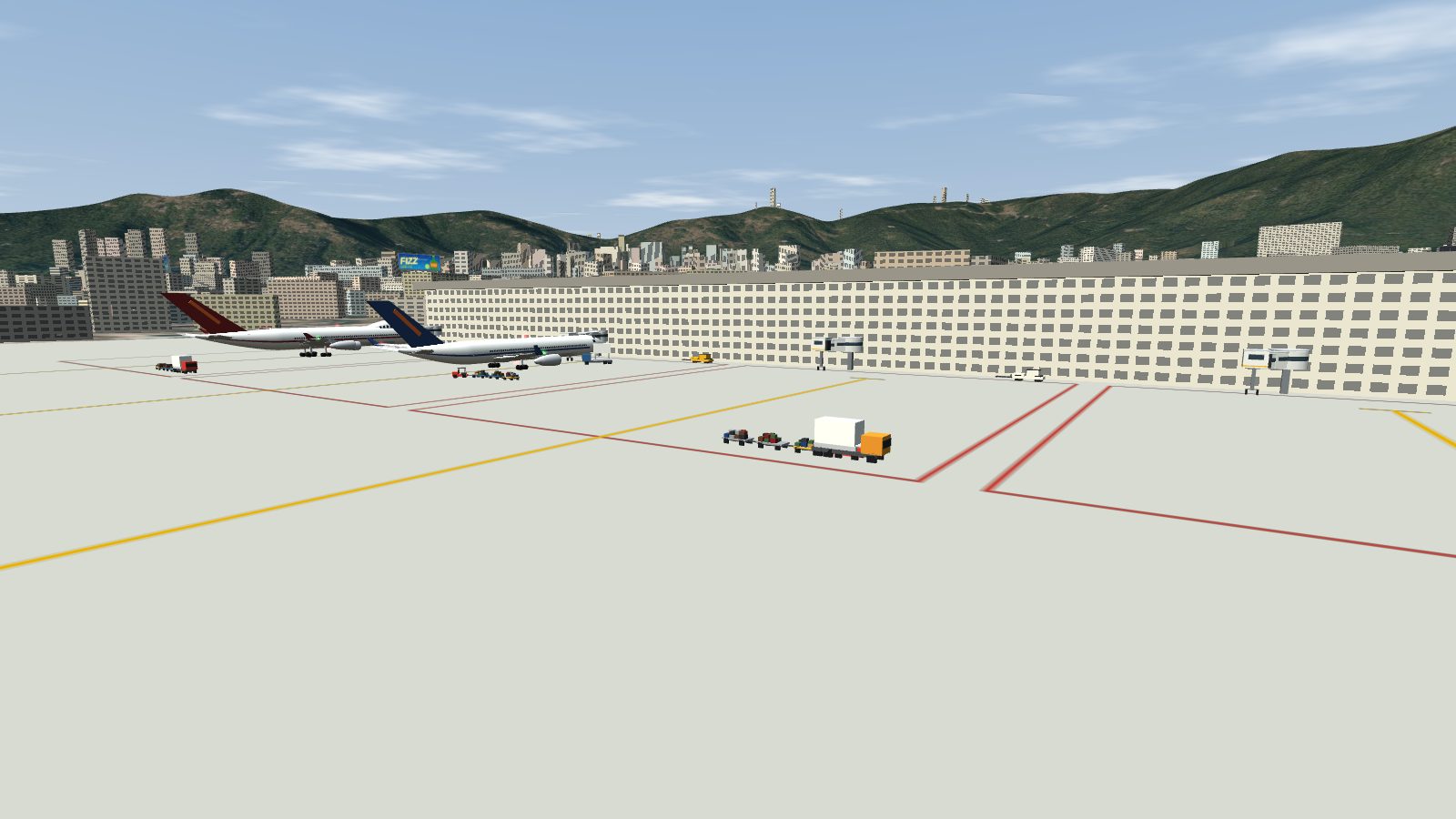 A 777 taxiing down its yellow lead-in line toward the bridge.