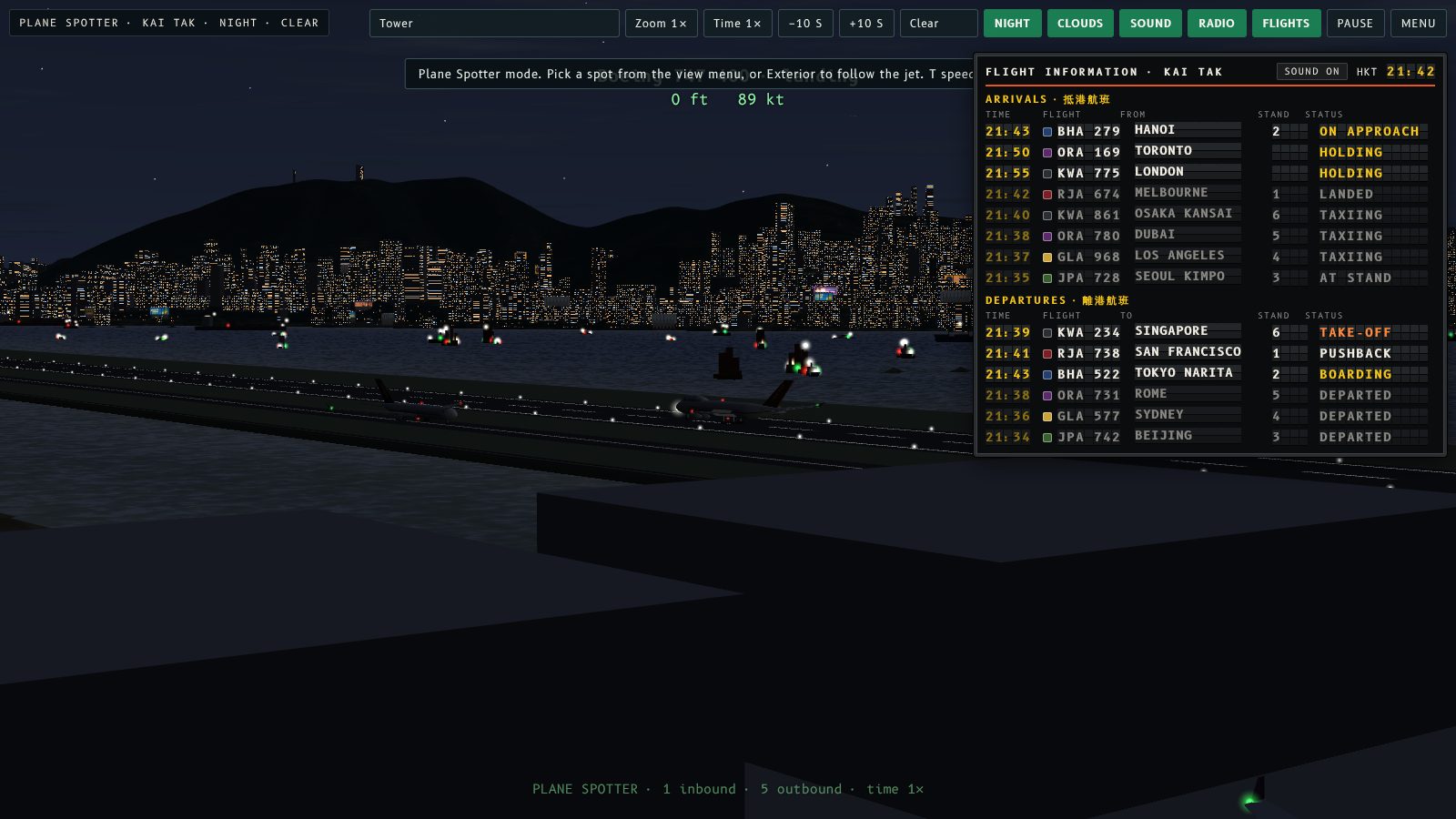 Plane Spotter at night from the tower with the split-flap flight board at the top right.