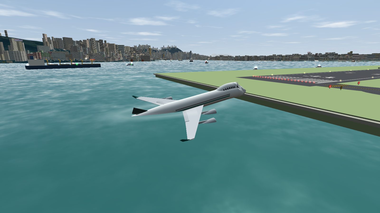 A 747 with its nose against the seawall at the end of the Kai Tak runway and its body sloping down into Victoria Harbour, the tail under the water and the fin gone.