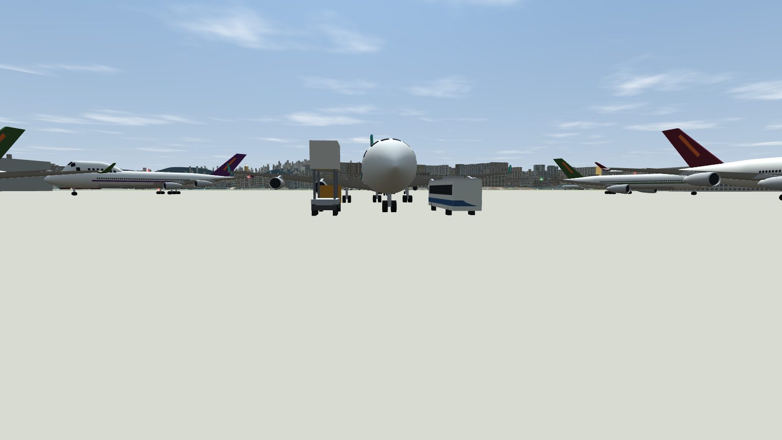 A bus and a catering truck with its box raised at the front door of a parked 747.