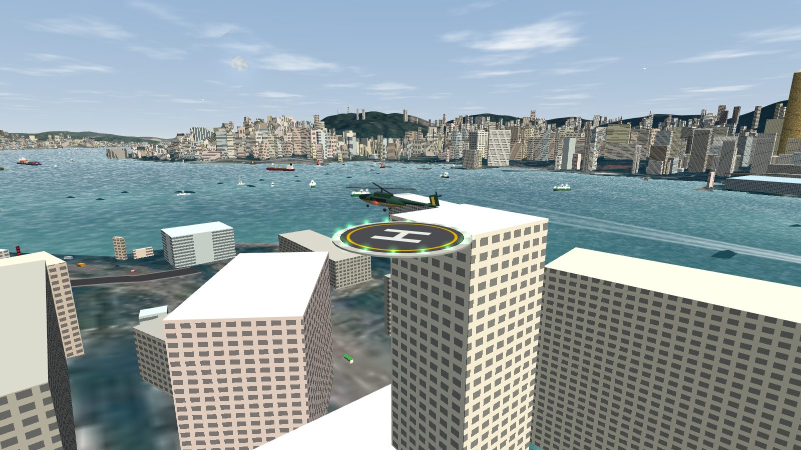 A dark green helicopter leaving the rooftop helipad of a tower in Tsim Sha Tsui.