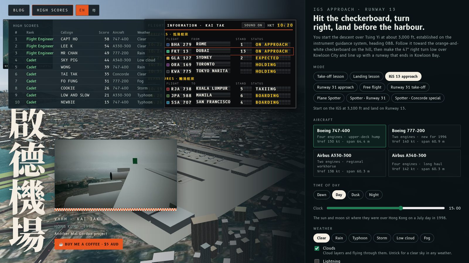 The Fly Kai Tak home screen with the High scores panel open, listing ten starter scores from 58 down to 15.