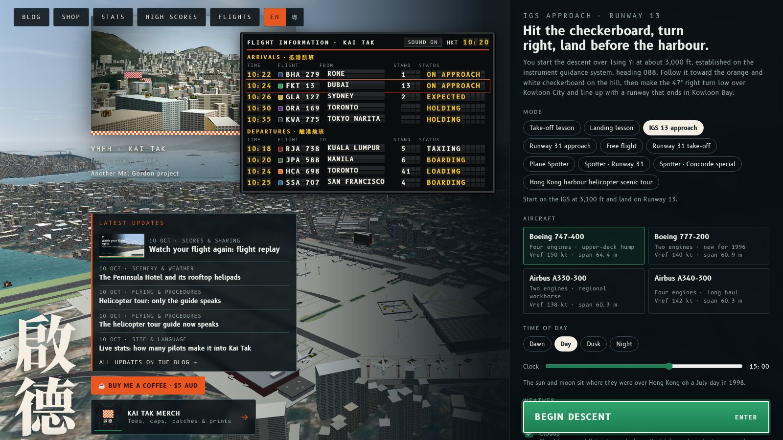 The Fly Kai Tak home screen with the Latest updates panel listing the five newest blog posts under the demo reel.
